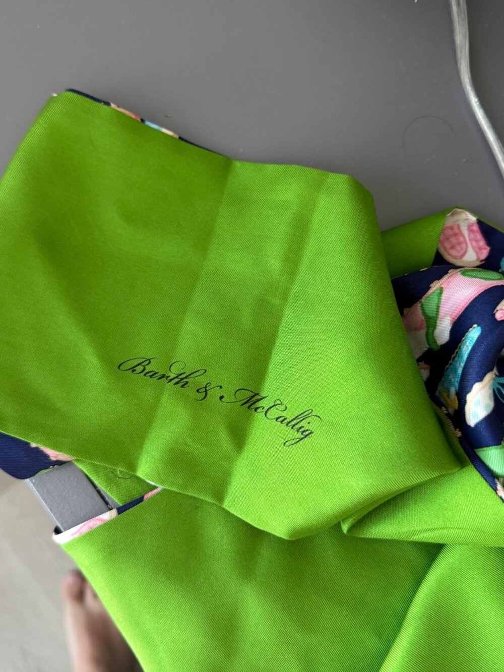 Barth & McCallig Silk Scarf Green Navy Shoe Print Square